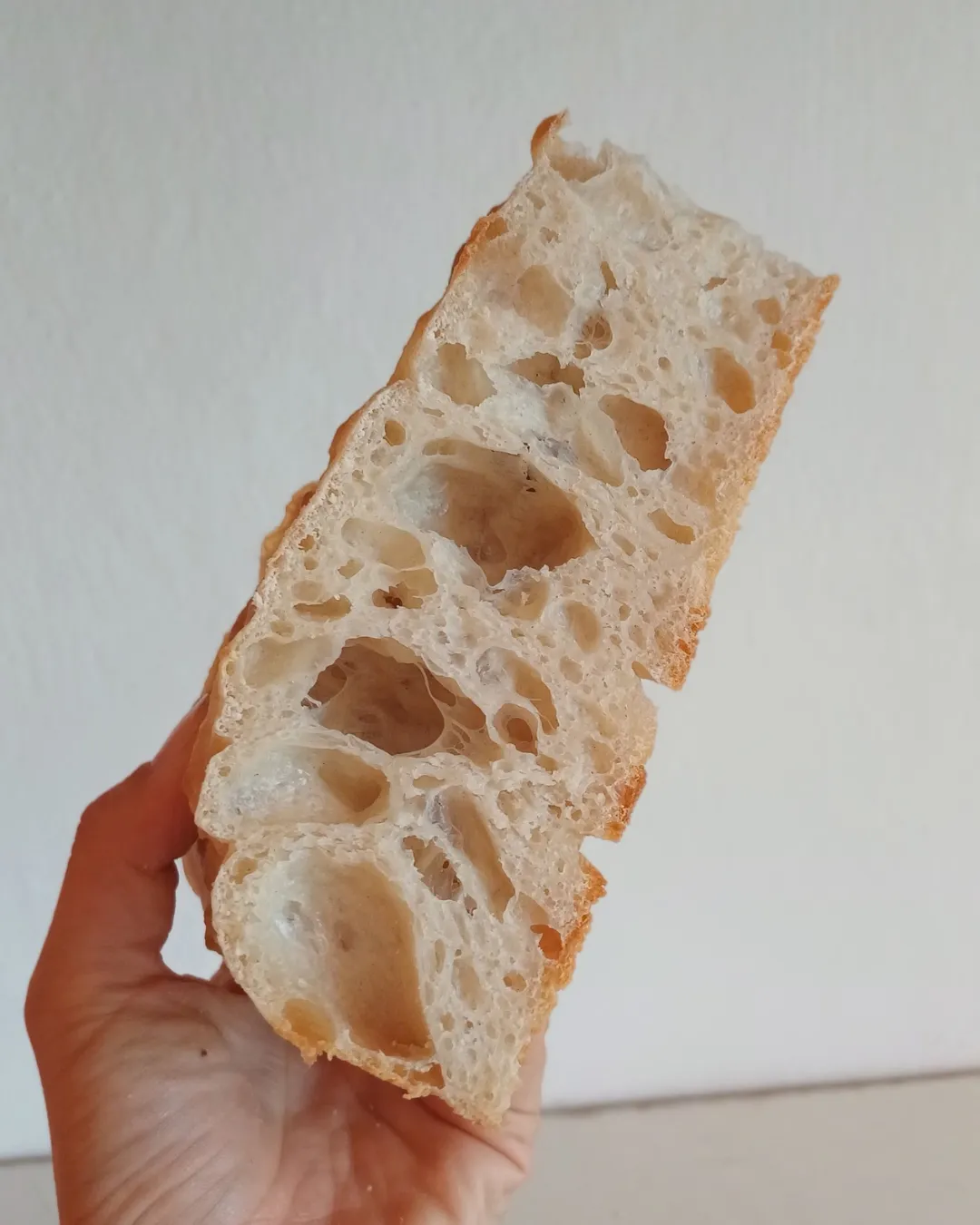 Focaccia de masa madre partida, sostenida por una mano, con el alveolado abierto a la vista